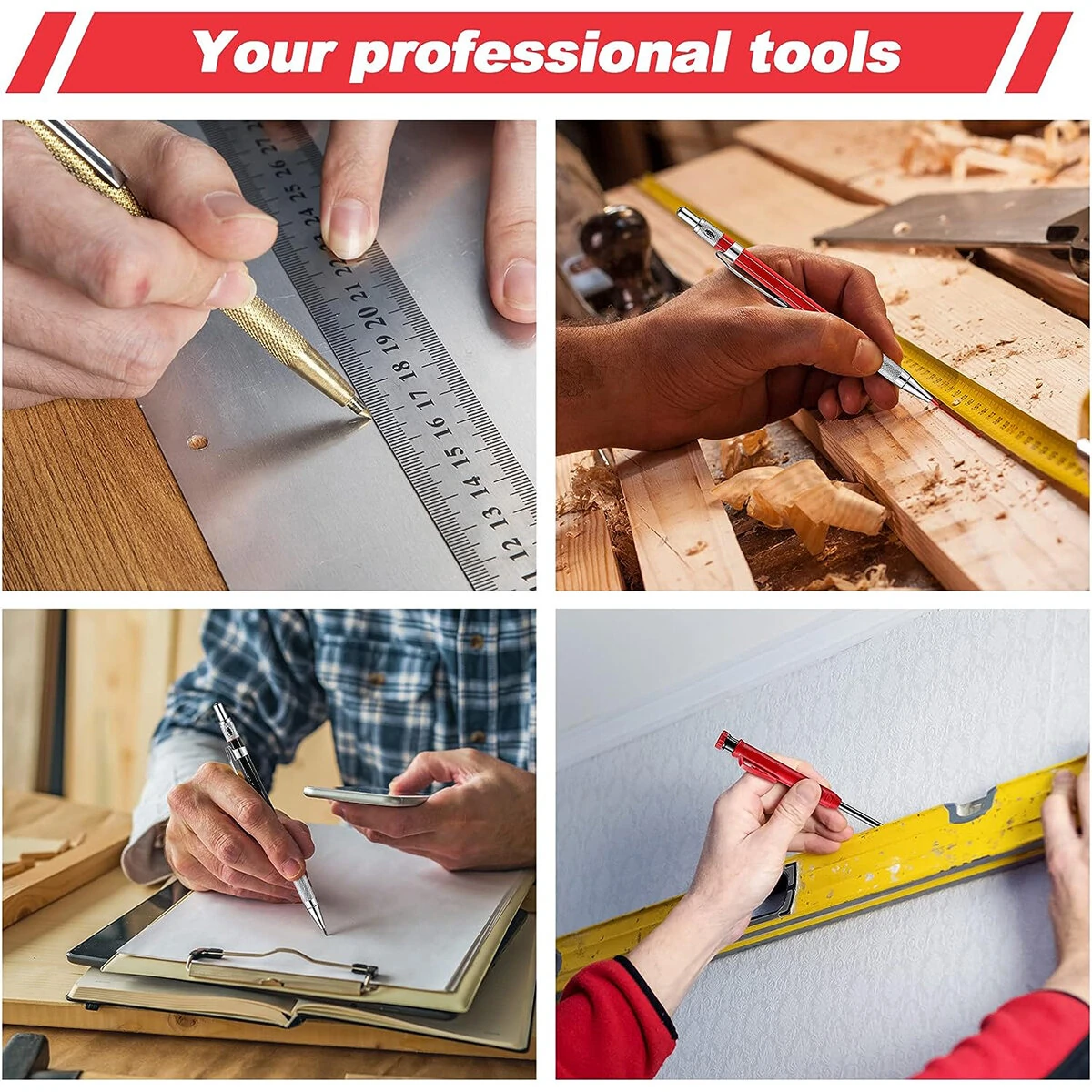 (image for) Carpenter Pencil Set with Deep Hole Marker Built-in Sharpener and Carbide Scribe Marking Tool for Woodworking Marking Mechanical Pencils with Multi-Color Refills