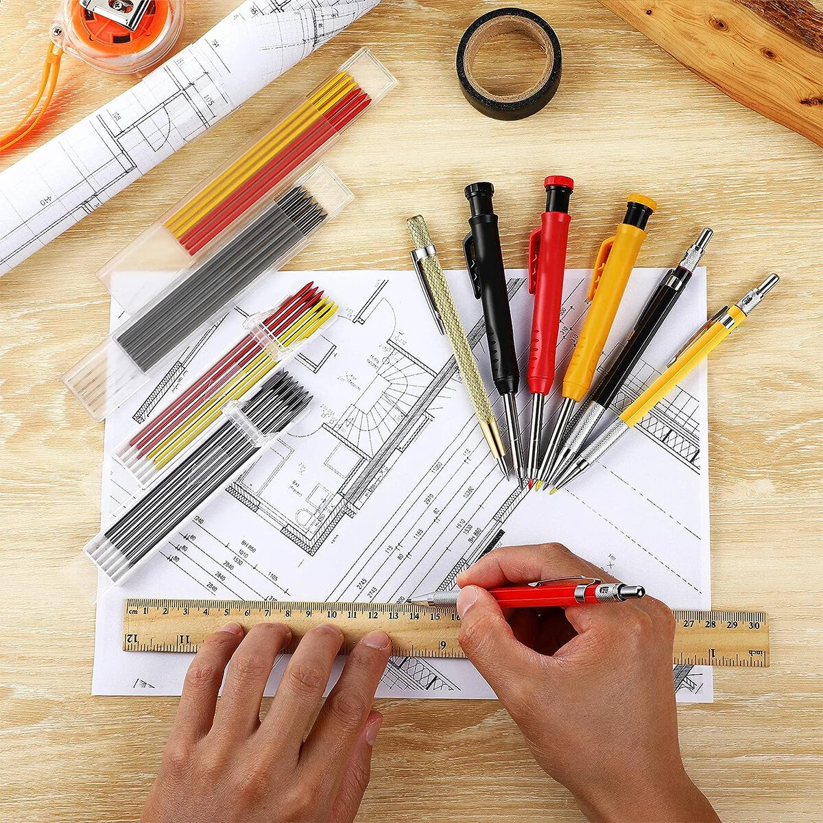 (image for) Carpenter Pencil Set with Deep Hole Marker Built-in Sharpener and Carbide Scribe Marking Tool for Woodworking Marking Mechanical Pencils with Multi-Color Refills
