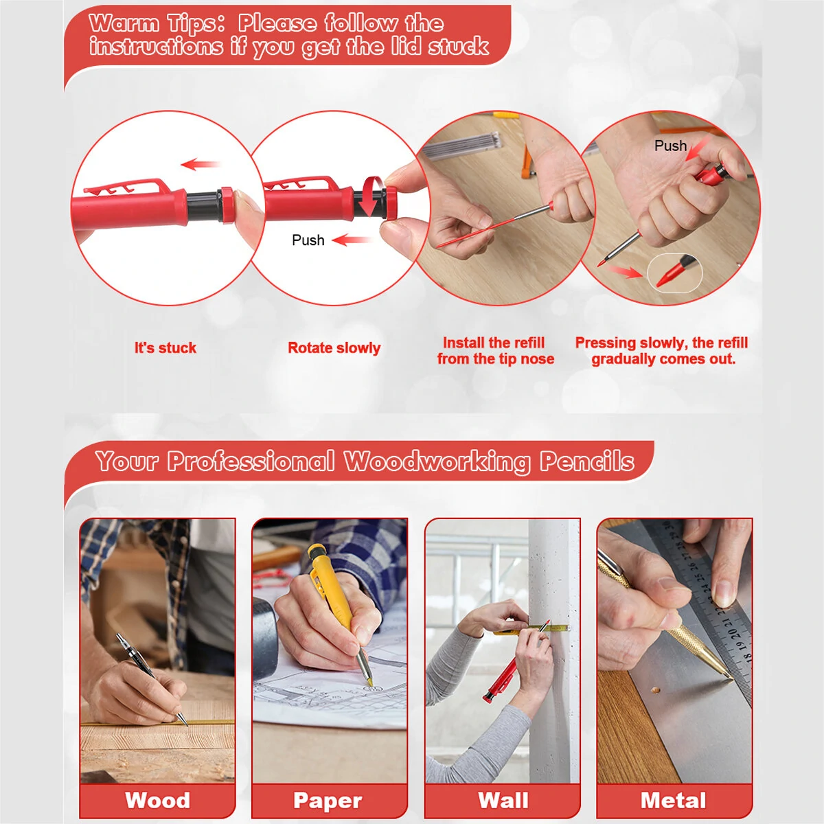 (image for) Carpenter Pencil Set with Deep Hole Marker Built-in Sharpener and Carbide Scribe Marking Tool for Woodworking Marking Mechanical Pencils with Multi-Color Refills
