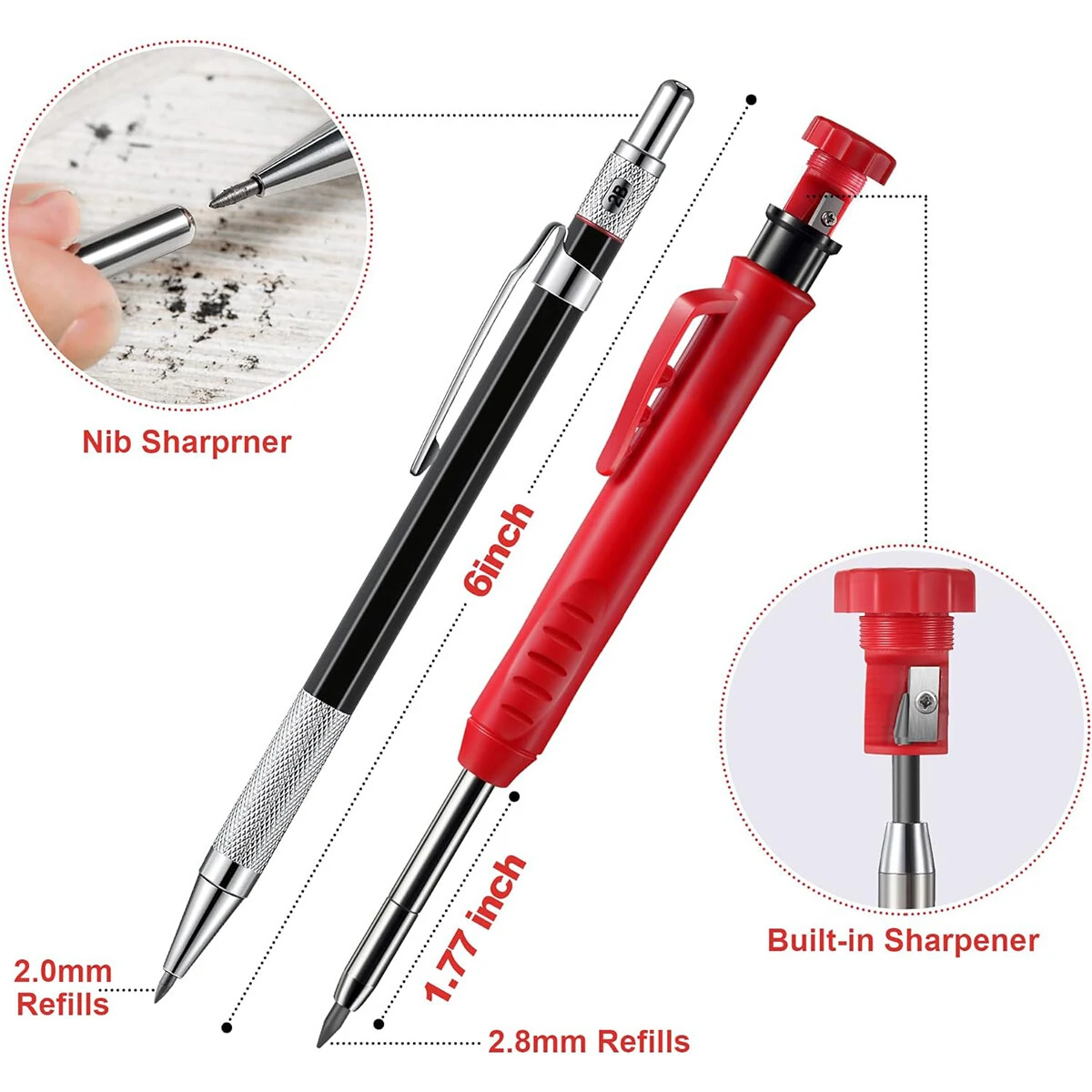 (image for) Carpenter Pencil Set with Deep Hole Marker Built-in Sharpener and Carbide Scribe Marking Tool for Woodworking Marking Mechanical Pencils with Multi-Color Refills